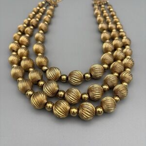 Vintage Vendome Necklace Goldtone Triple Strand Ribbed Melon Satin